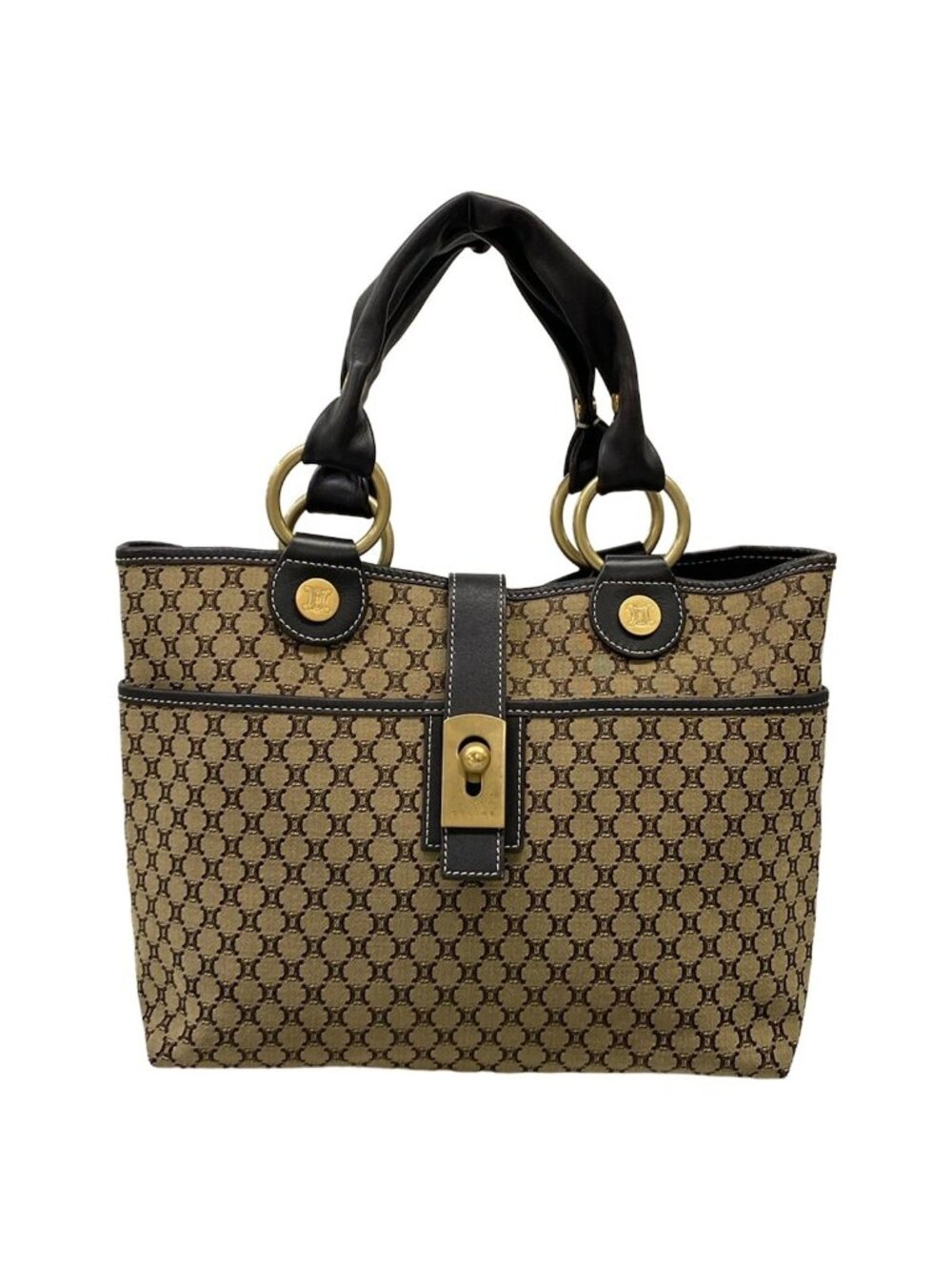 Celine Tote Macadam Pattern Dark Brown Beige Leather - Picture 1 of 15